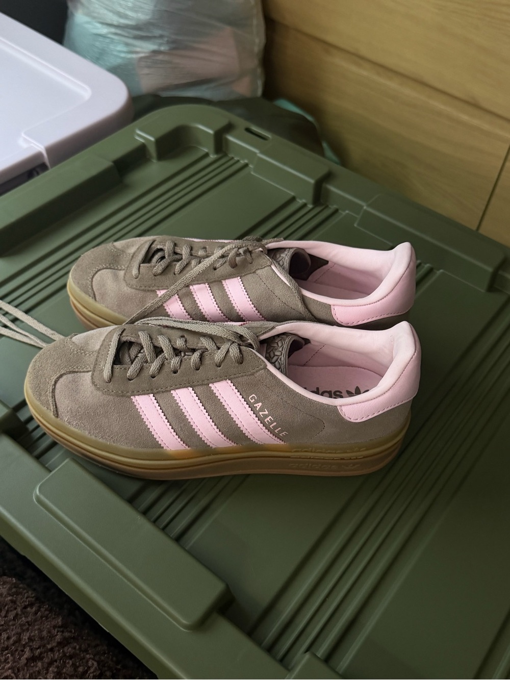 adidas Gazelle Suede Sneakers in Olive and Light Pink